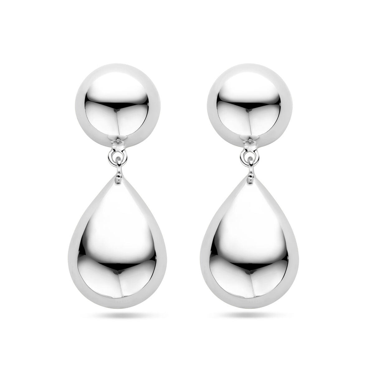 Zilveren gerhodineerde oorhangers met een halfbol en druppelvorm, 40 mm lang.