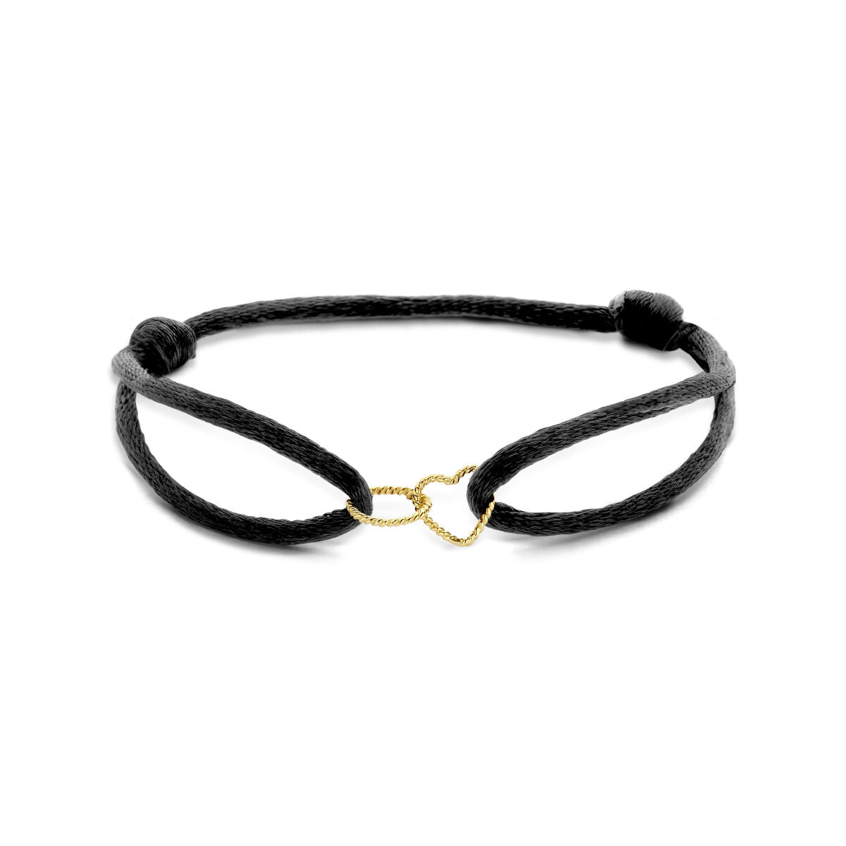 Armband van gedraaid zwart rubber met een 14K gouden hart- en rondje-sluiting.