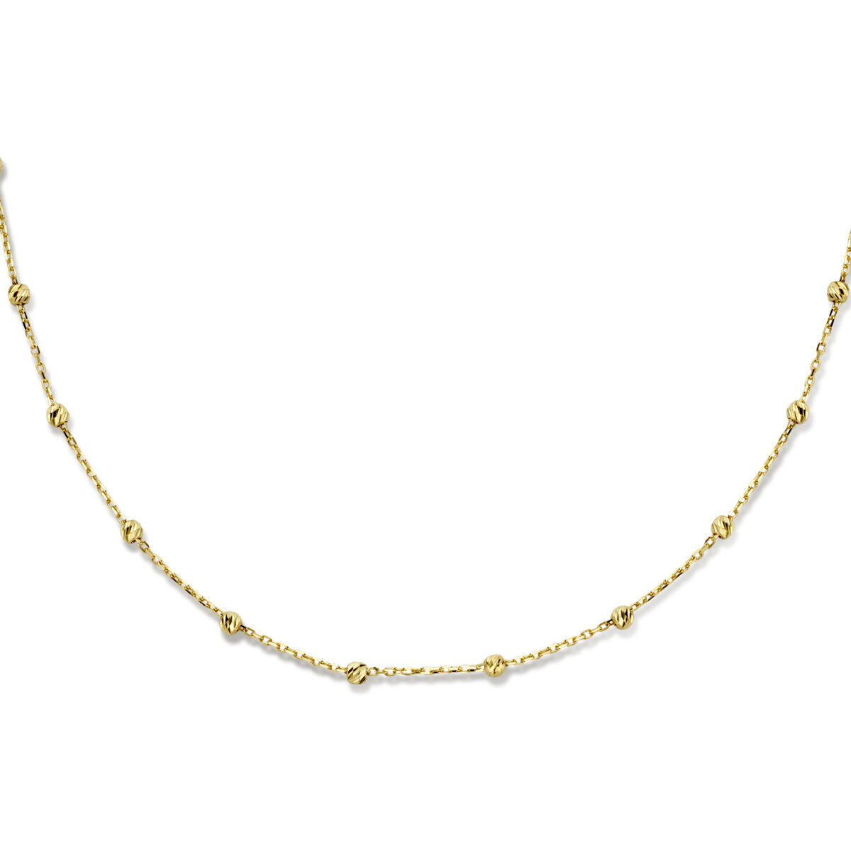 Collier van 14K geelgoud met gediamanteerde bolletjes van 2,5 mm, verstelbaar in lengtes van 40, 42 en 44 cm.