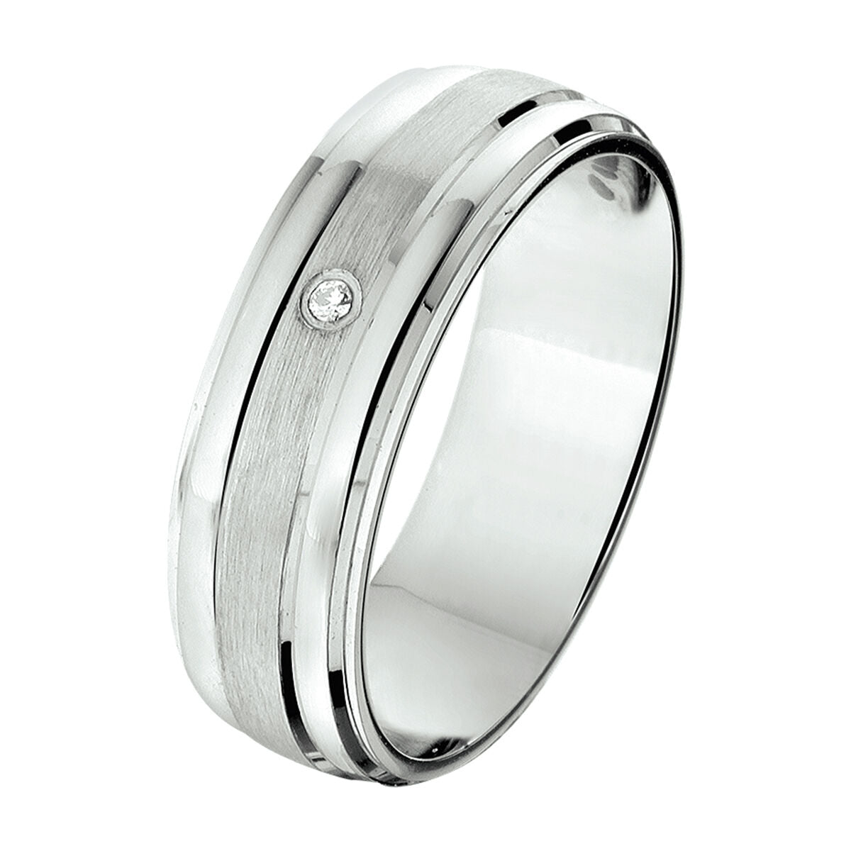 De Van der Kooij Collectie ring a311 (6 mm, 0,01ct h si) is een gehodineerde zilveren relatiering met geborstelde middenbaan, gepolijste randen en een diamant – perfect voor een tijdloze uitstraling.