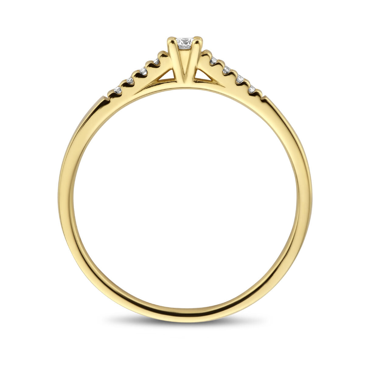 De Van der Kooij Collectie ring diamant 0.07ct H SI in 14K geelgoud heeft een solitaire diamant in klauwzetting en een diamanten rij op de band, getoond tegen een witte achtergrond.