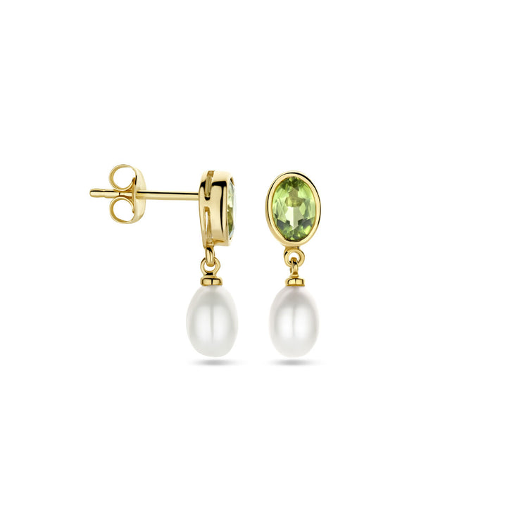 oorhangers parel en peridot 18 mm 14K geelgoud