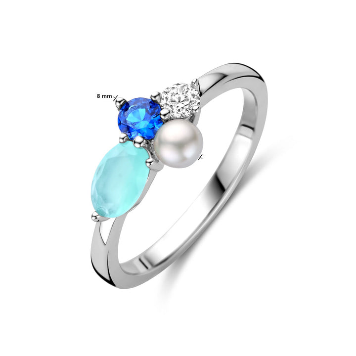 ring colored zirconia, pearl and colored stone silver rhodium plated