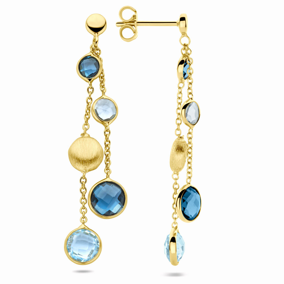 oorhangers rondjes, sky blue topaas en london blue topaas 44 mm 14K geelgoud