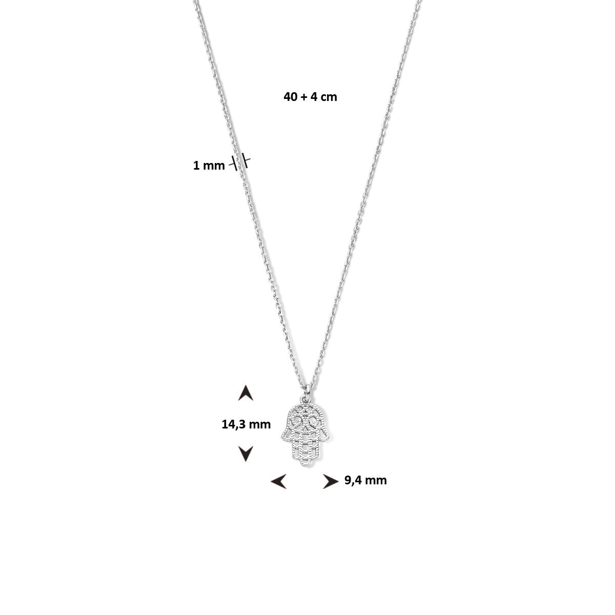necklace hand of Fatima 40 + 4 cm silver rhodium plated