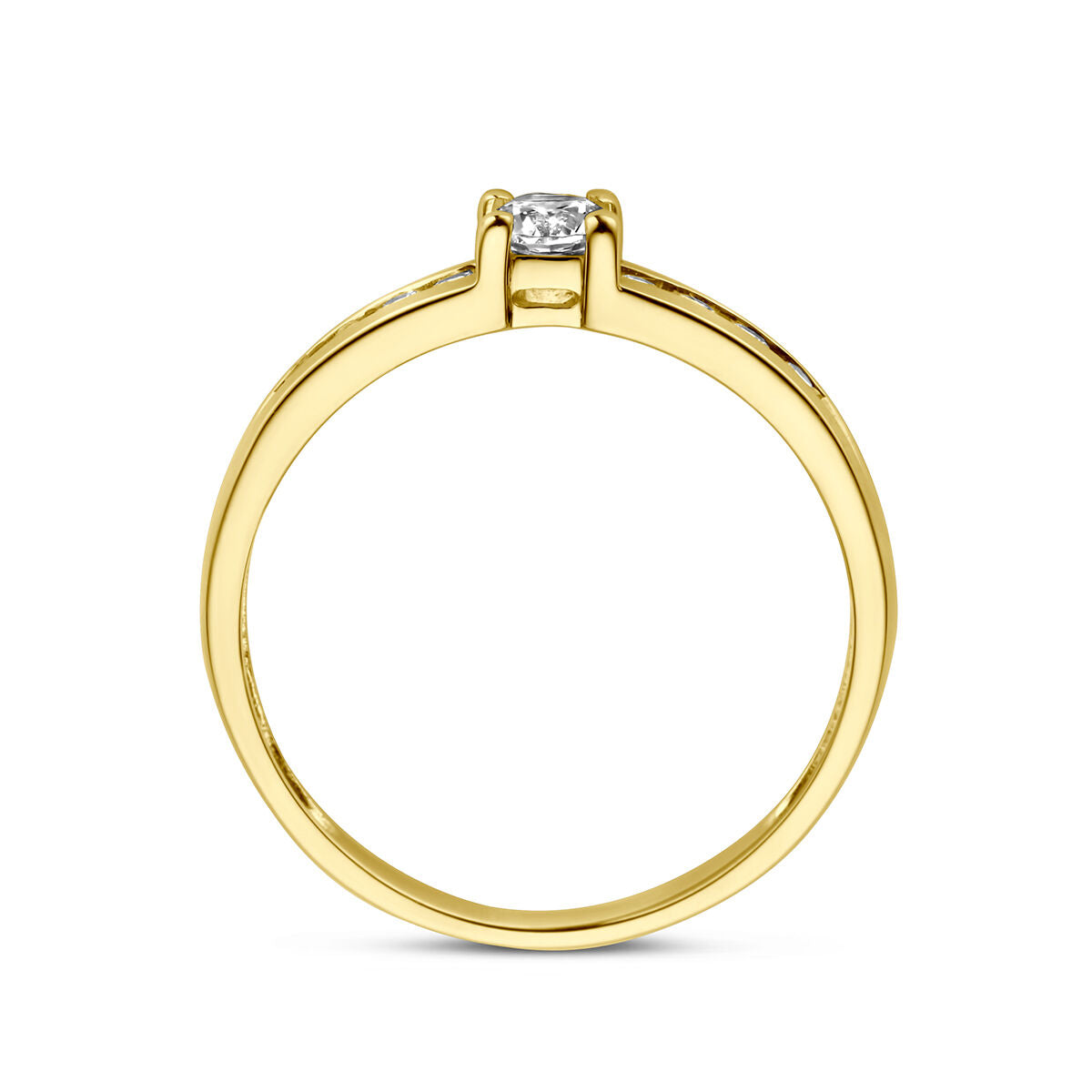 De Van der Kooij Collectie ring zirkonia 14K geelgoud heeft een enkele ronde zirkonia in een minimalistische prong zetting, weergegeven van de zijkant tegen een witte achtergrond.