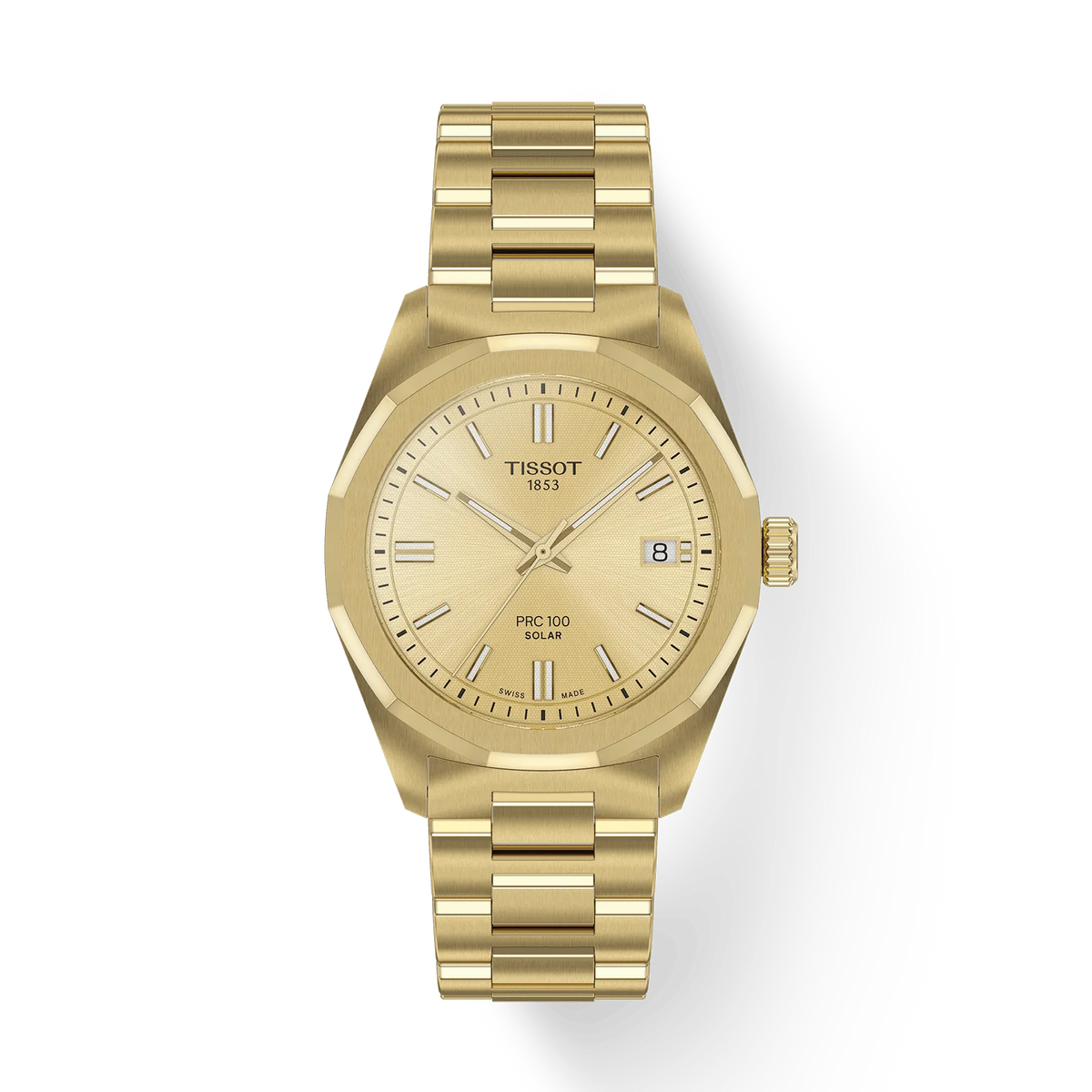 Gouden Tissot PRC 100 Solar dameshorloge met een wijzerplaat in dezelfde kleur en een datumaanduiding.