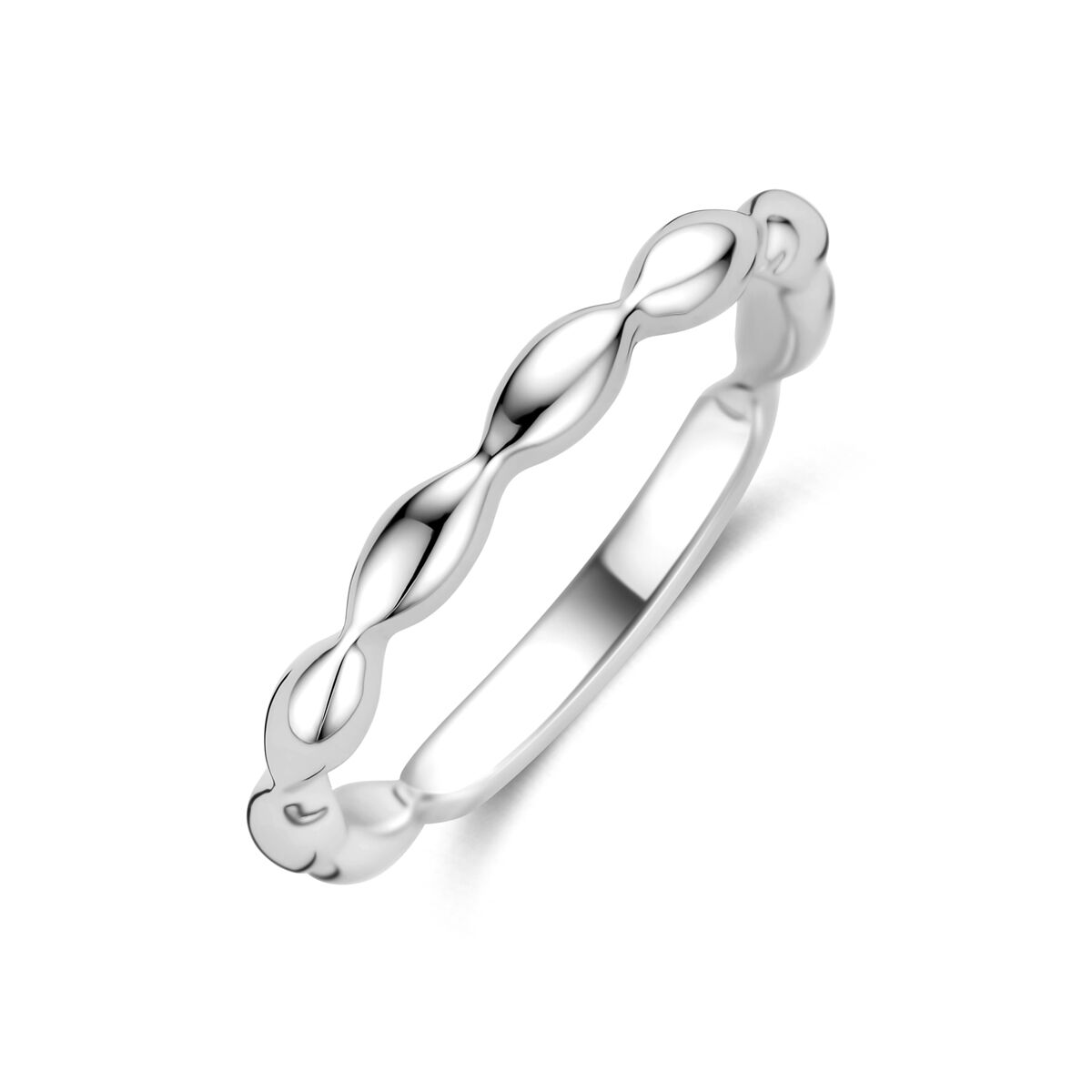 Zilveren damesring van gerhodineerd 925 zilver met een golvende, verfijnde vorm.