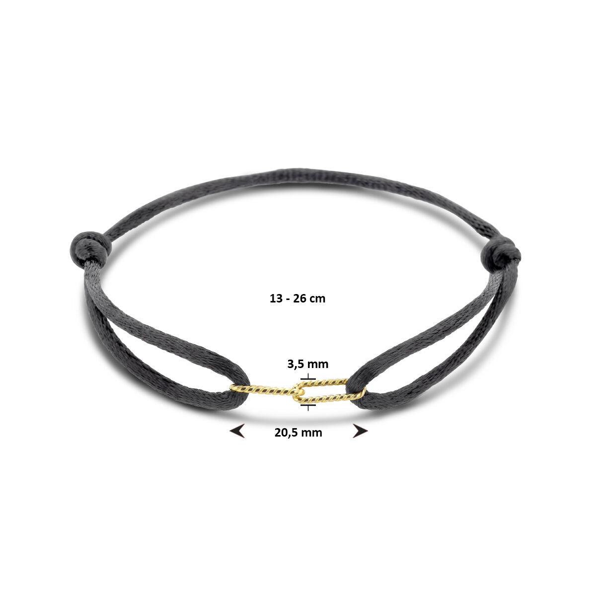 De armband satijn 13-26 cm 14K goud met rubber/nylon/leer van Van der Kooij Collectie is een zwart gevlochten damesarmband met geelgouden detail, verstelbaar en perfect als stijlvol sieraad.