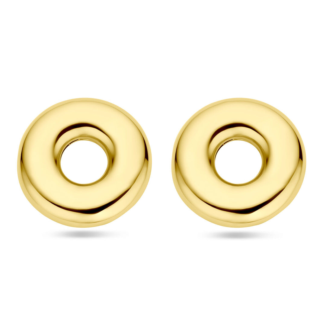 Een paar glanzende, ronde Van der Kooij Collectie oorknoppen rondje 32 mm, 1 micron geel verguld zilver, met een glad oppervlak en centraal gat, dat lijkt op donuts, weergegeven op een witte achtergrond.