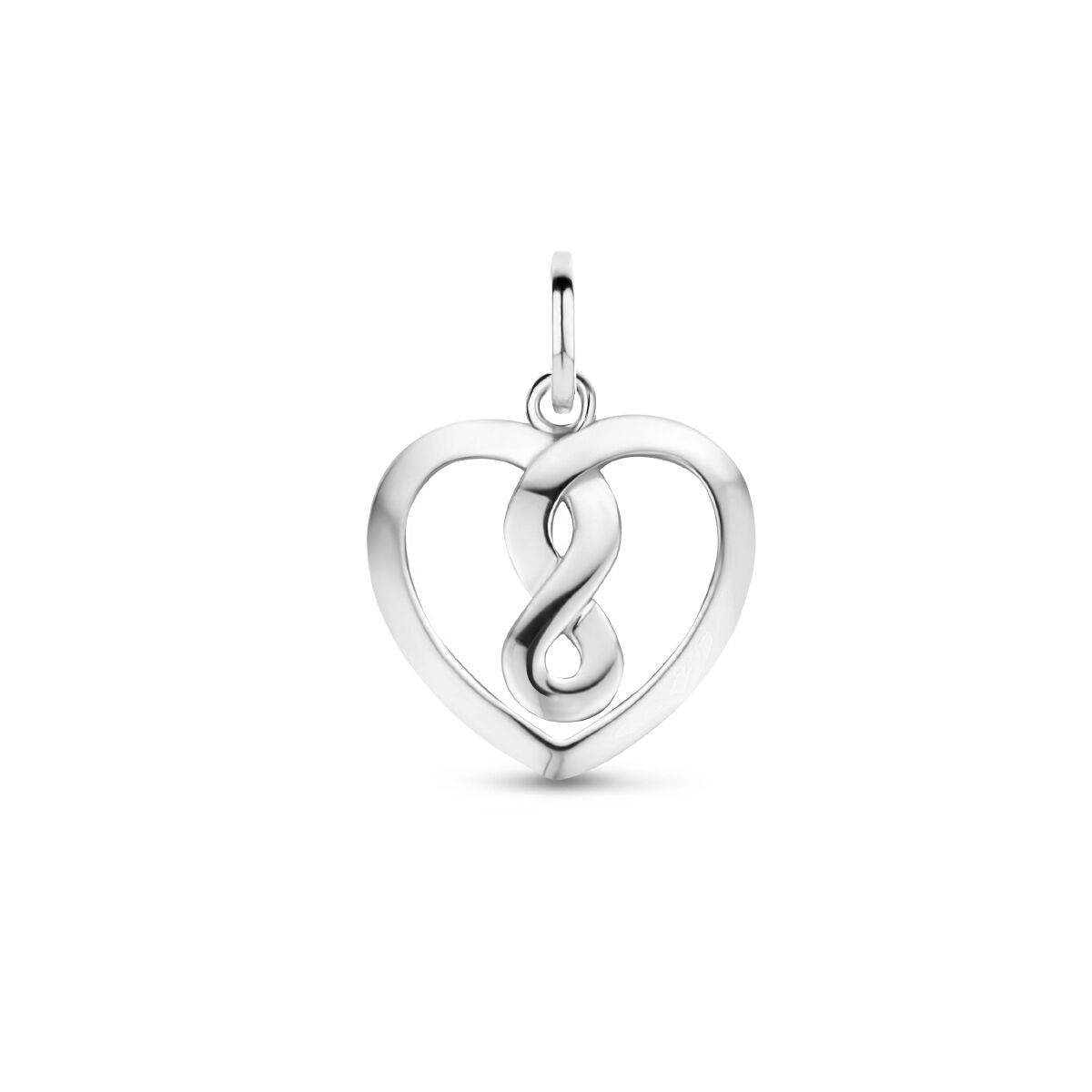 Zilveren gerhodineerde hanger in de vorm van een hart met een infinity-teken erin.