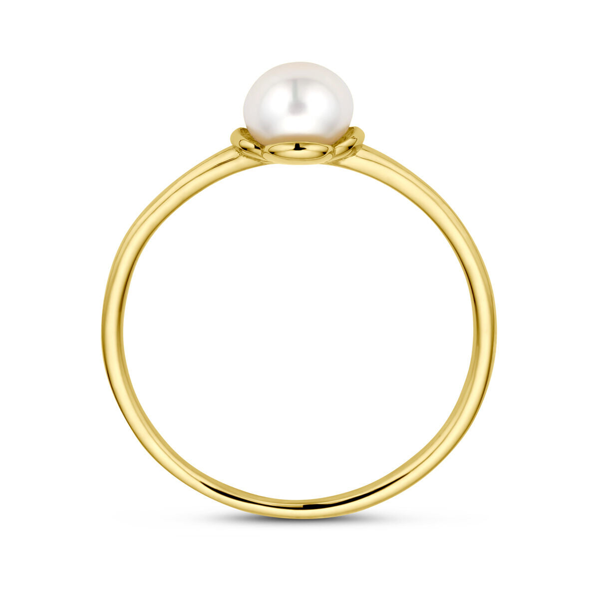De ring bloem parel 14K geelgoud van Van der Kooij Collectie is een delicate geelgouden ring voor dames met een enkele witte parel, afgebeeld tegen een effen witte achtergrond.