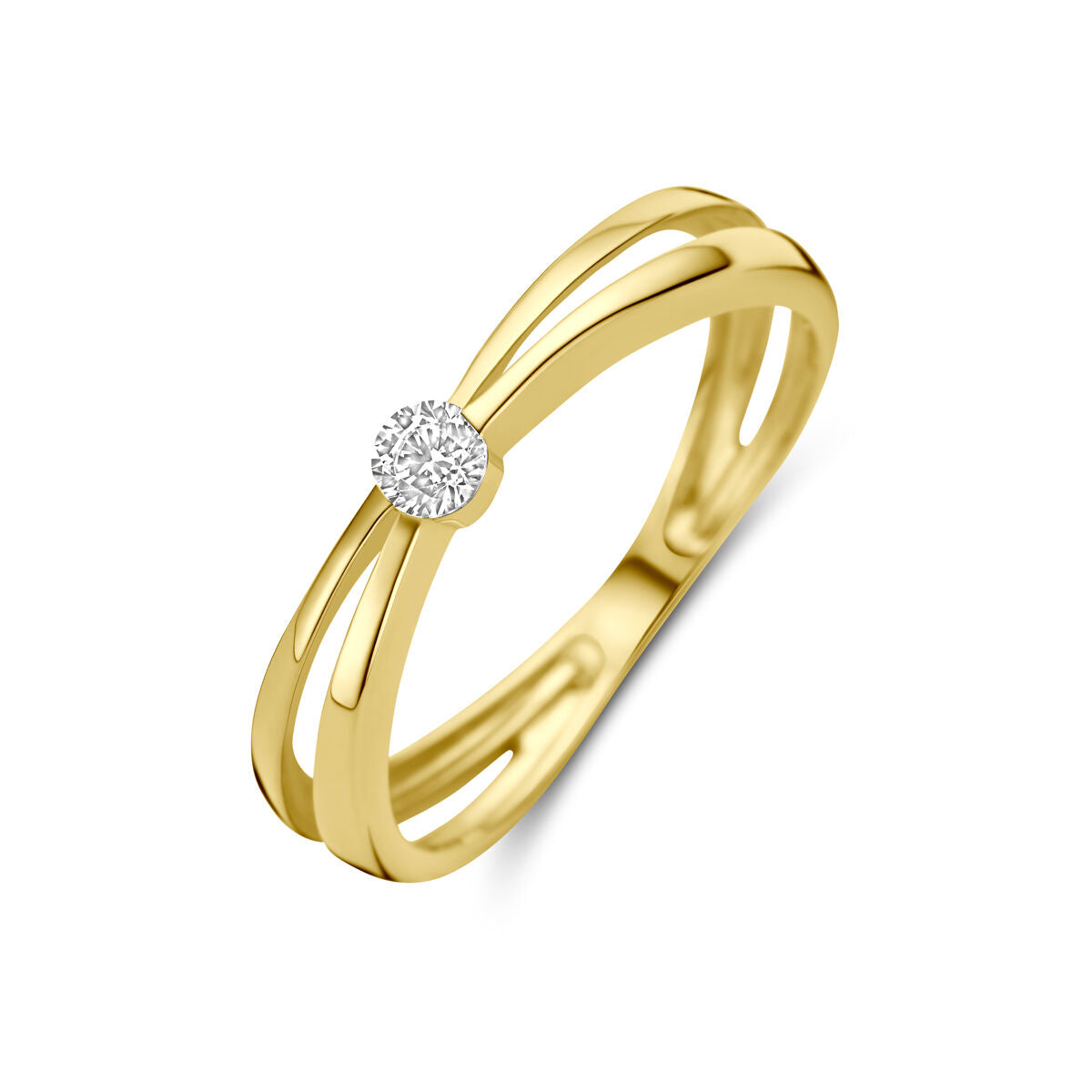 De Van der Kooij Collectie ring zirkonia 14K geelgoud is een gouden damesring met een gespleten band en een centrale ronde zirkonia, afgebeeld op een witte achtergrond.