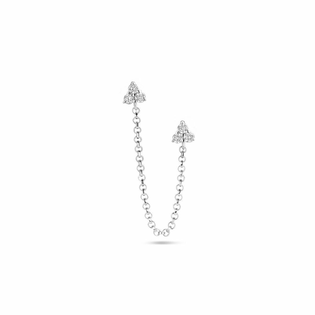Dubbele oorknop van gerhodineerd zilver met zirkonia, 47 mm lang, met twee puntige uiteinden.