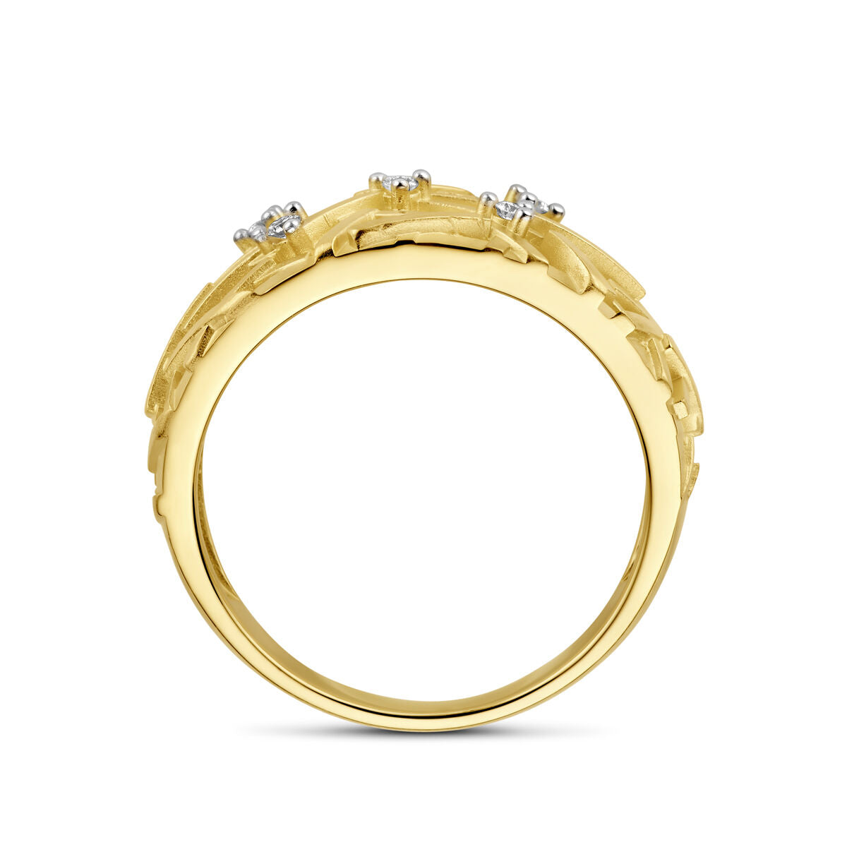 De Van der Kooij Collectie ring diamant 0.06ct H SI in 14K geelgoud heeft een gelaagd, getextureerd ontwerp met kleine diamanten en wordt zijaanzicht getoond tegen een witte achtergrond.