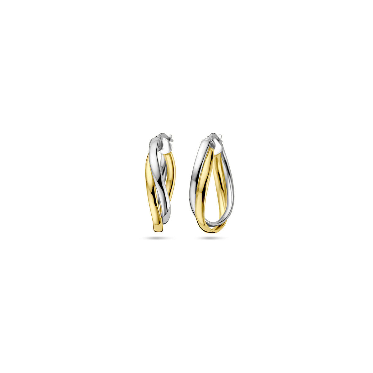 Oorringen van 1 micron zilver met een vergulde gele en rhodium afwerking, met een golvende vorm.