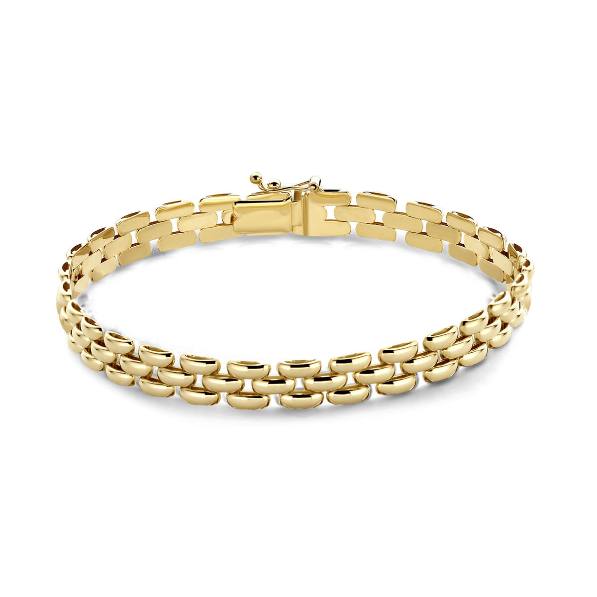 De Gouden armband dames panter 14K van Van der Kooij Collectie heeft een dubbelrijig schakelontwerp en een veilige sluiting in 14K geelgoud, stijlvol gepresenteerd op wit. Een schitterende aanwinst voor elke sieradencollectie.