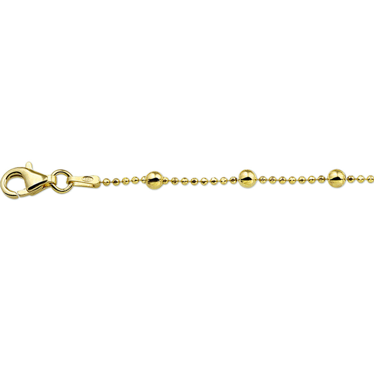 Enkelbandje van verguld zilver met bolletjes, lengte 24 + 2 cm, met karabijnsluiting.
