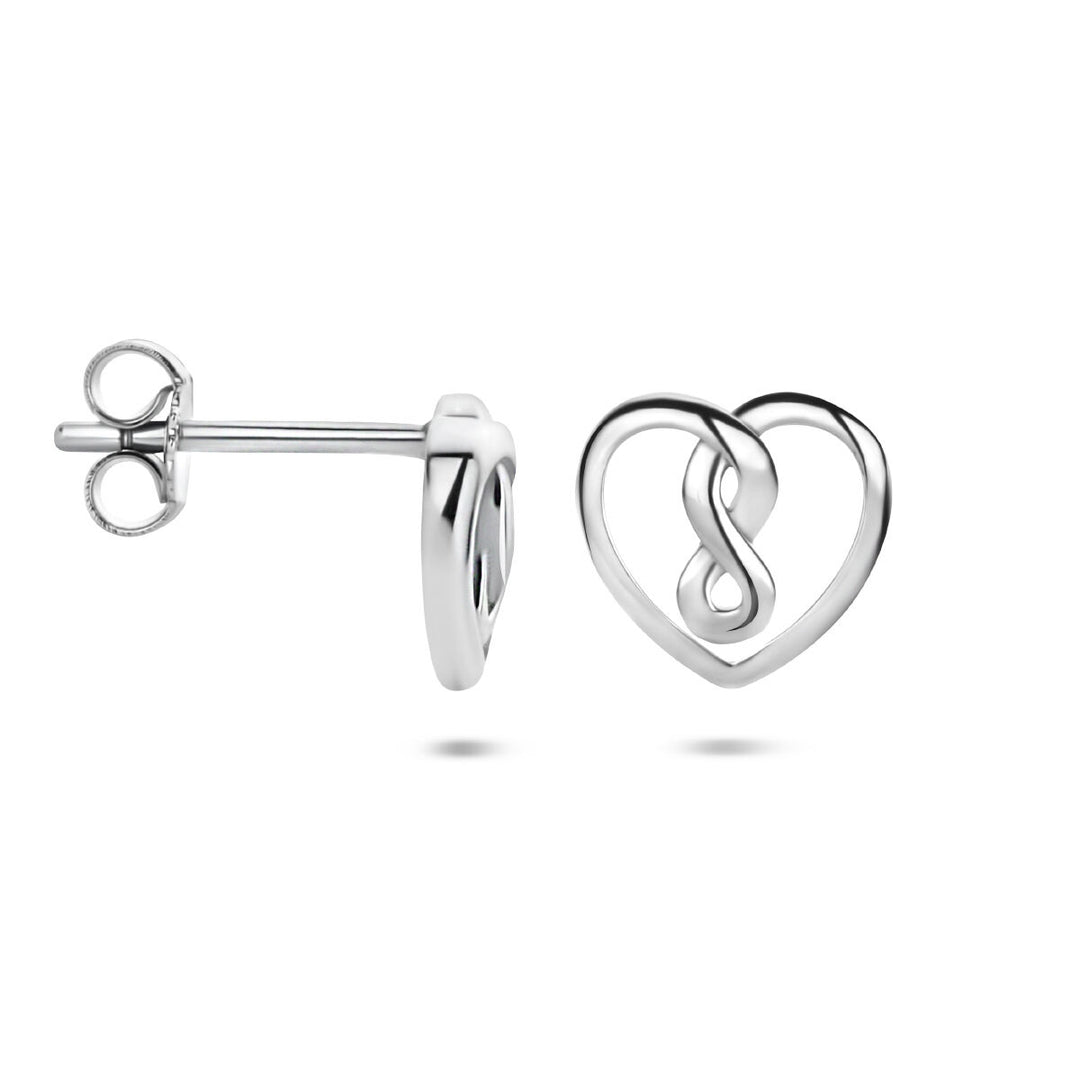 ear studs heart and infinity silver rhodium plated