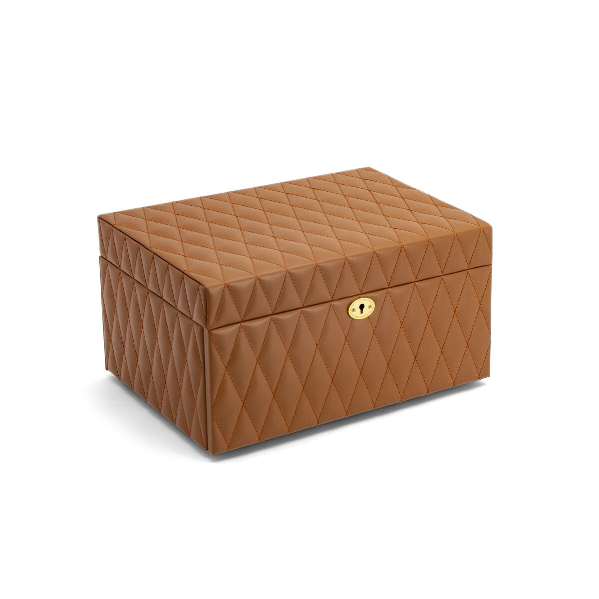 De sieradendoos bruin toebehoren van Van der Kooij Collectie is een bruine, rechthoekige sieradendoos met ruitvormige stiksels en een goudkleurig slot, perfect voor dames. Afgebeeld tegen een witte achtergrond.