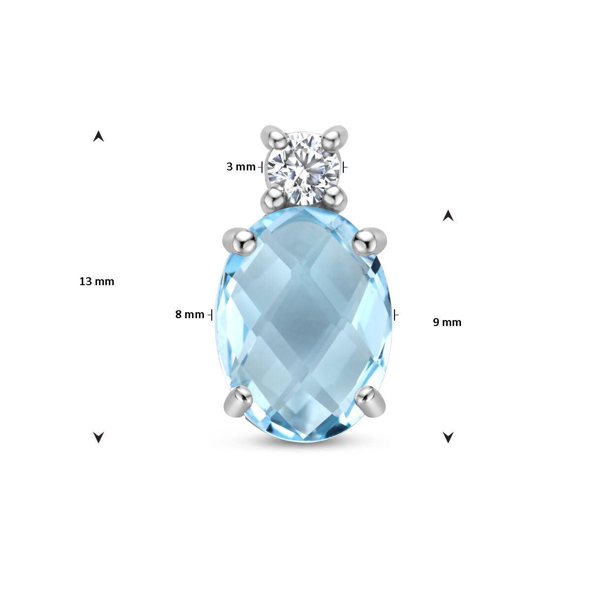 Een Van der Kooij Collectie hanger blauw topaas en zirkonia, zilver gerhodineerd: ovale blauw topaas (8x13 mm) in vier pootjes met een ronde zirkonia (3 mm), afgebeeld tegen een witte achtergrond met afmetingen.