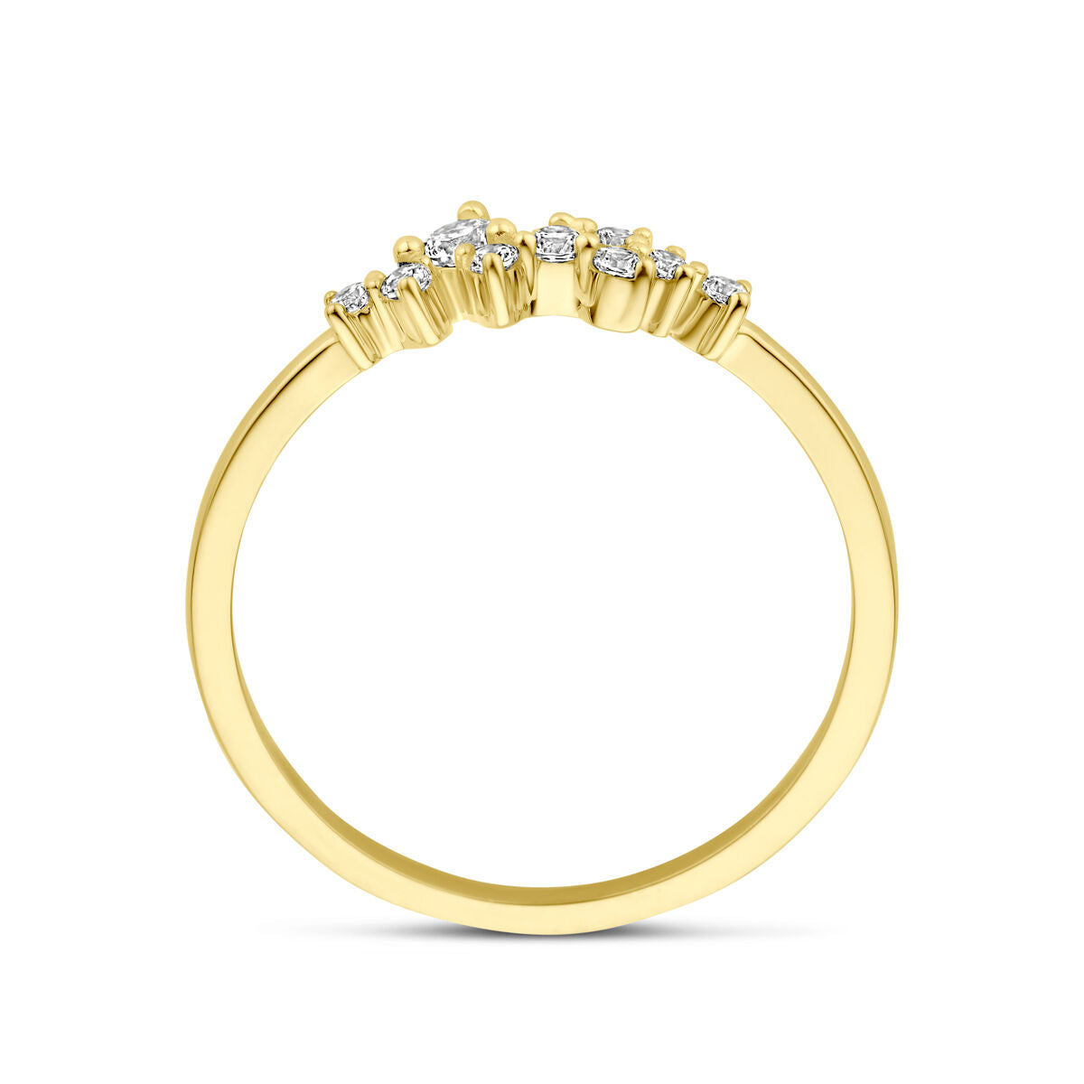 De Van der Kooij Collectie ring zirkonia 14K geelgoud is een damesring met fonkelende zirkonia steentjes gezet in een delicate, licht gebogen rij langs de bovenkant van de geelgouden band.