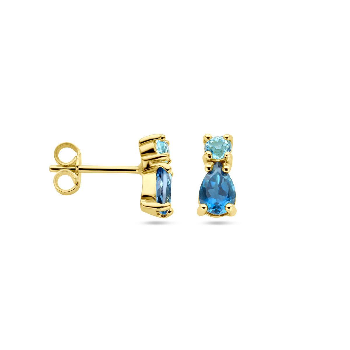 oorknoppen met london blue topaas en sky blue topaas 14K geelgoud