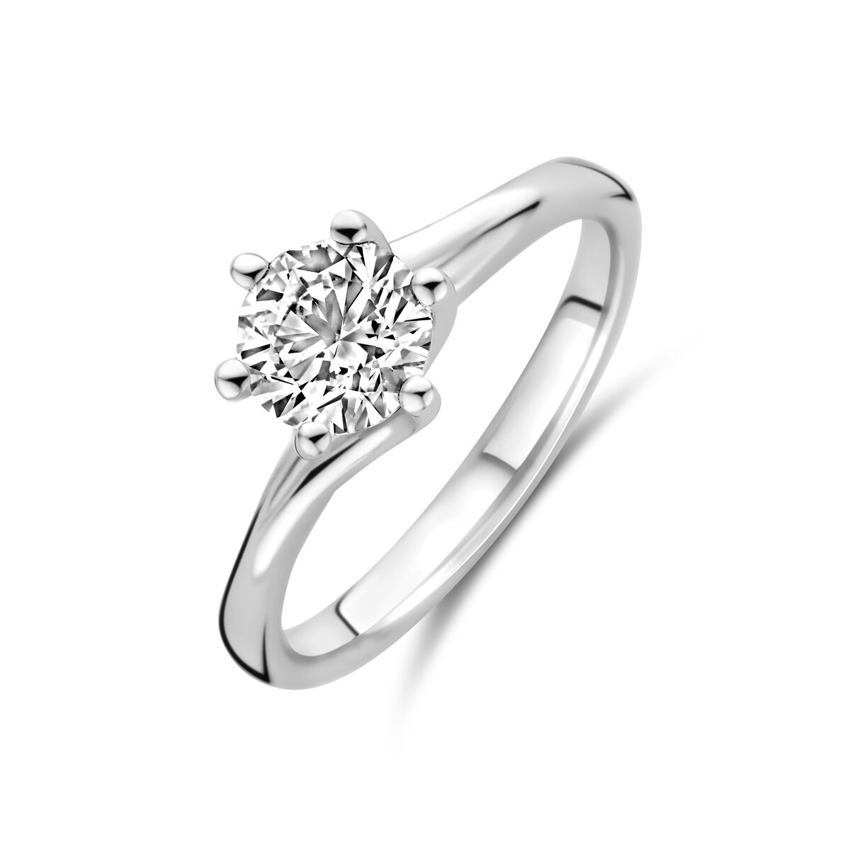 De Van der Kooij Collectie ring lab grown diamant 1.00ct g vs 14K witgoud toont een ronde solitaire lab grown diamant in een klassieke zetting met zes tanden, elegant gezet tegen een witte achtergrond.