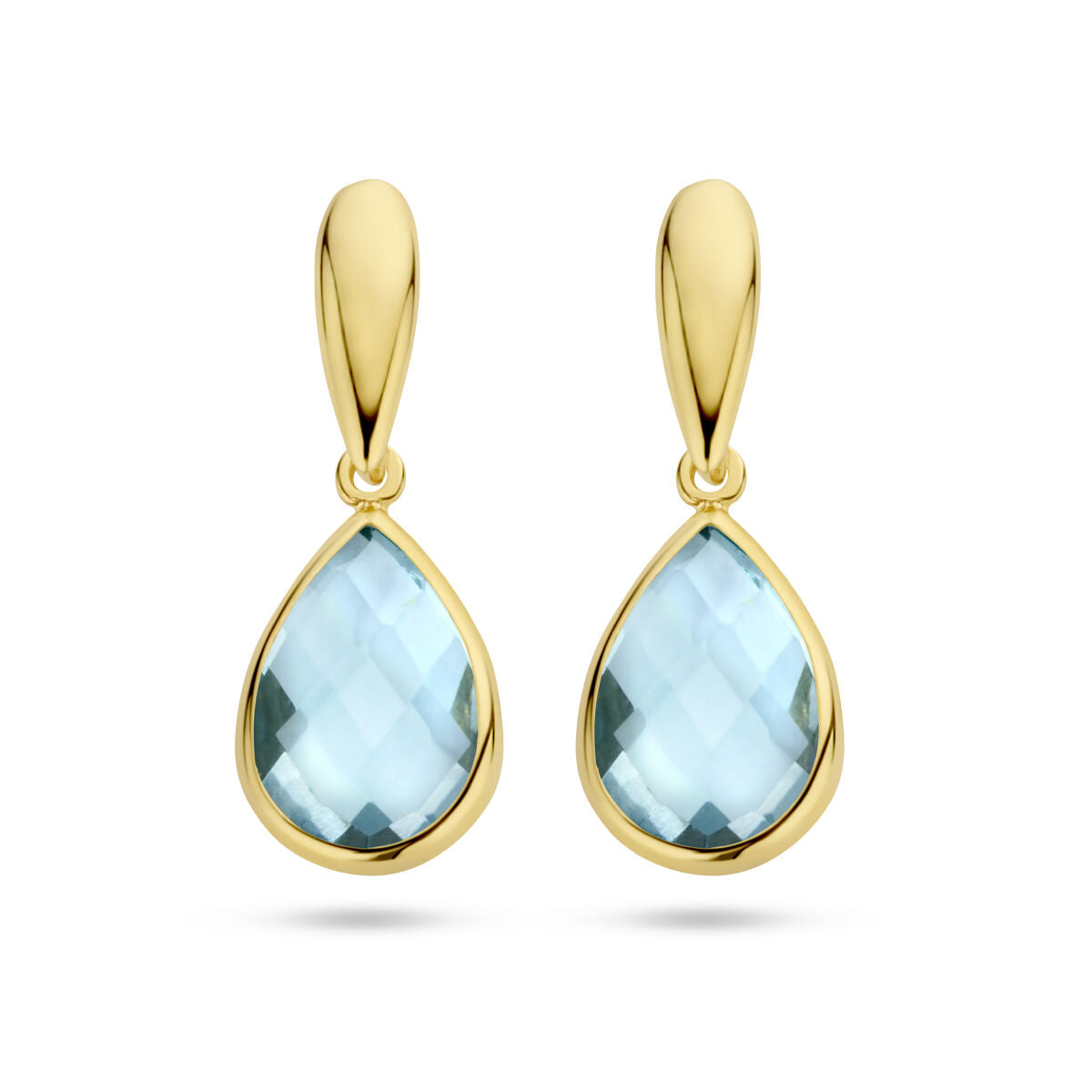 Oorhangers van 14K geelgoud met druppelvormige blauwe topaas en facetgeslepen afwerking.