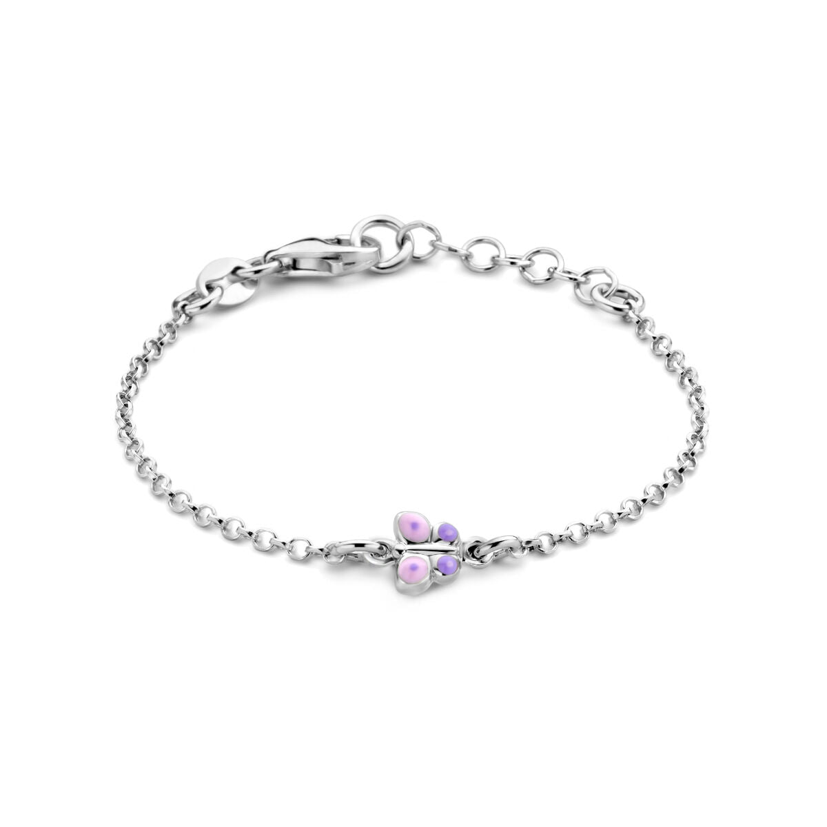 Zilveren gerhodineerde armband met een vlinderbedel en paarse steentjes, lengte 11 + 2 cm.