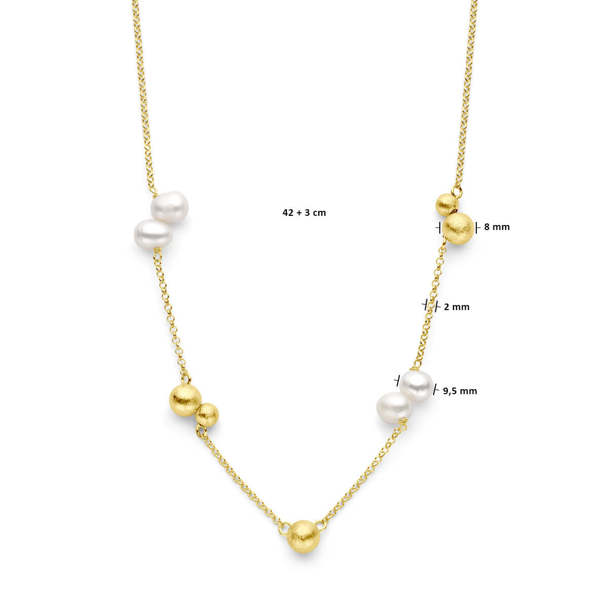collier parels en bolletjes 42 + 3 cm zilver verguld (geel)