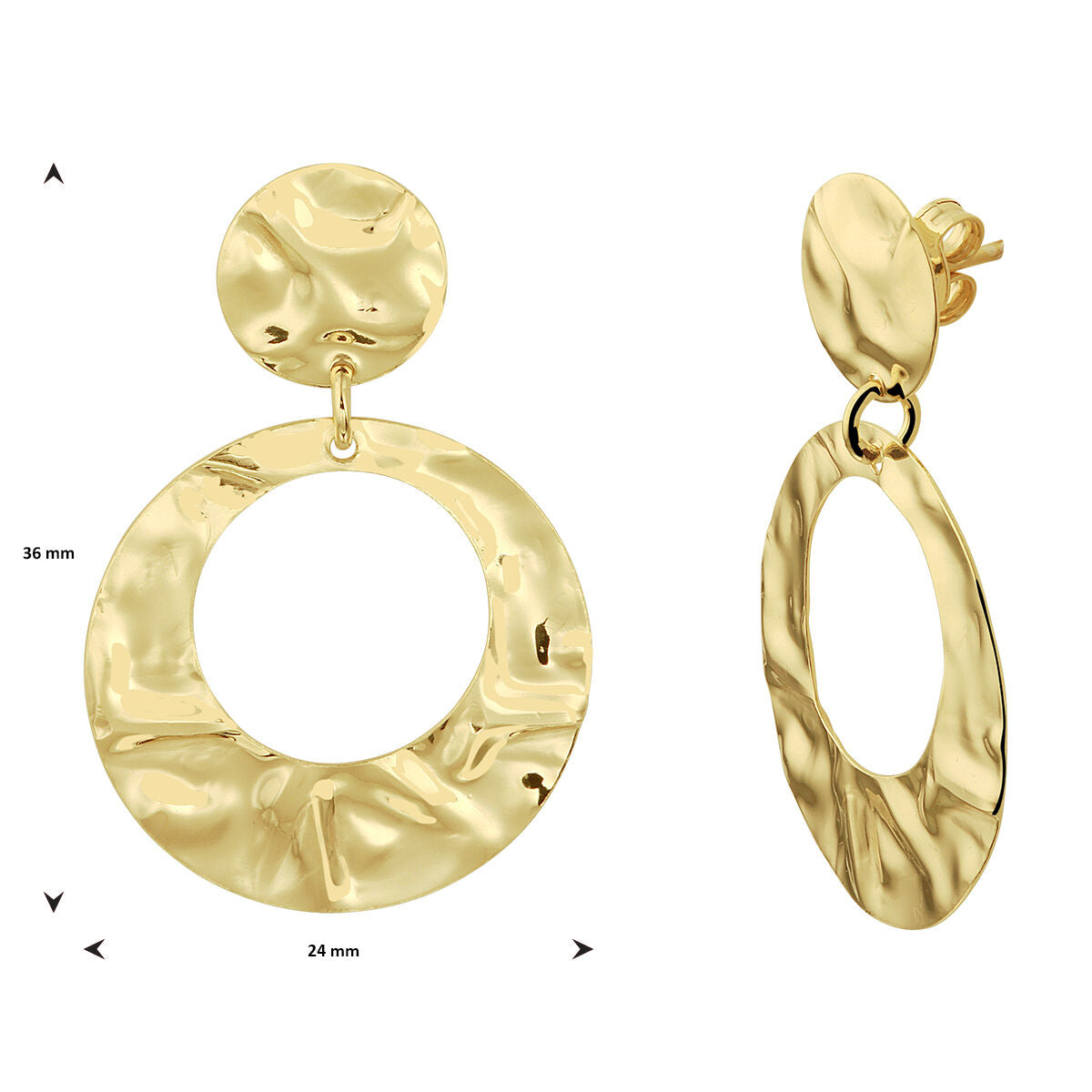 Van der Kooij Collectie oorhangers gehamerd 1 micron zilver verguld (geel): goudkleurige ronde oorbellen met een glanzende, gehamerde textuur, ronde stud en grote holle hanger van 36x24 mm voor een opvallende look.