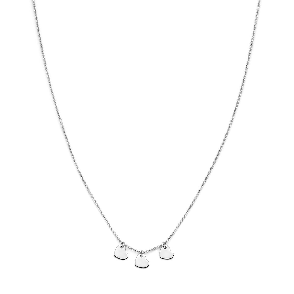 Zilveren gerhodineerd collier met drie hartvormige hangers, verstelbare lengte van 36 tot 38 cm.