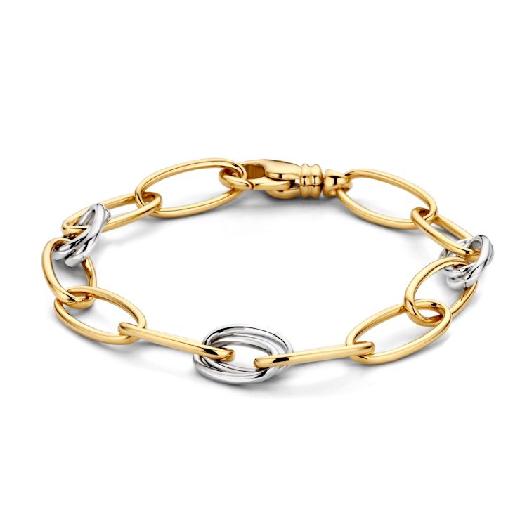 14-karaats geel- en witgouden damesarmband met schakels in verschillende vormen, 19 cm lang.