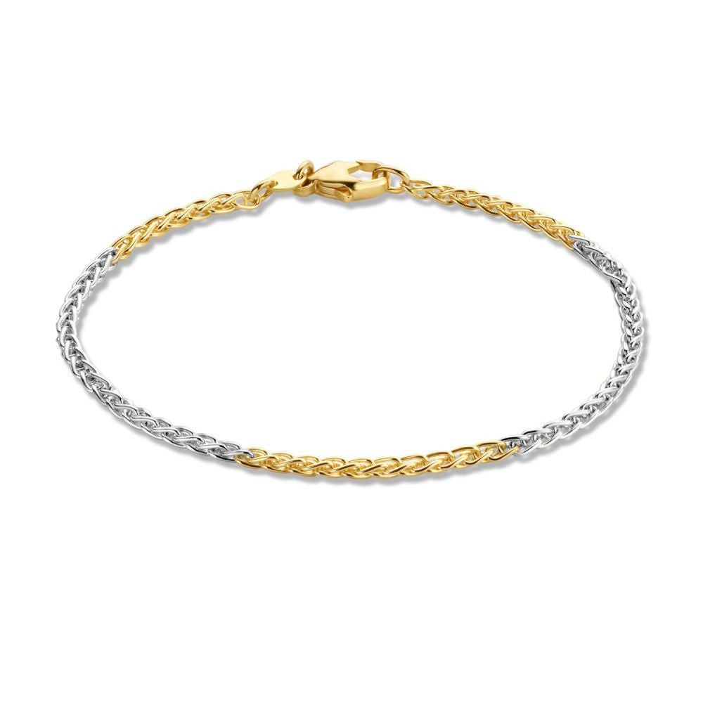 14-karaat gouden armband voor dames in geel en wit goud met een gevlochten ontwerp.