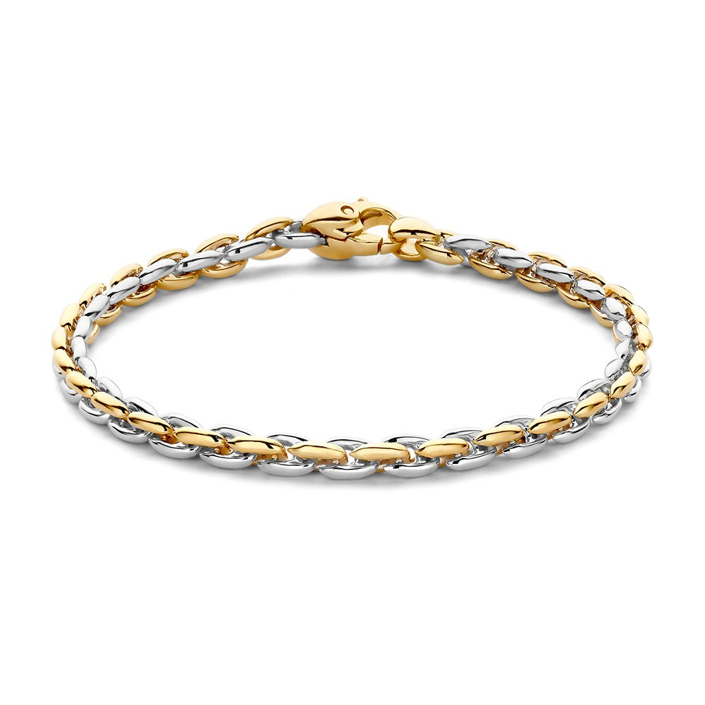 Bicolor armband met een schakelpatroon van goud en zilver.