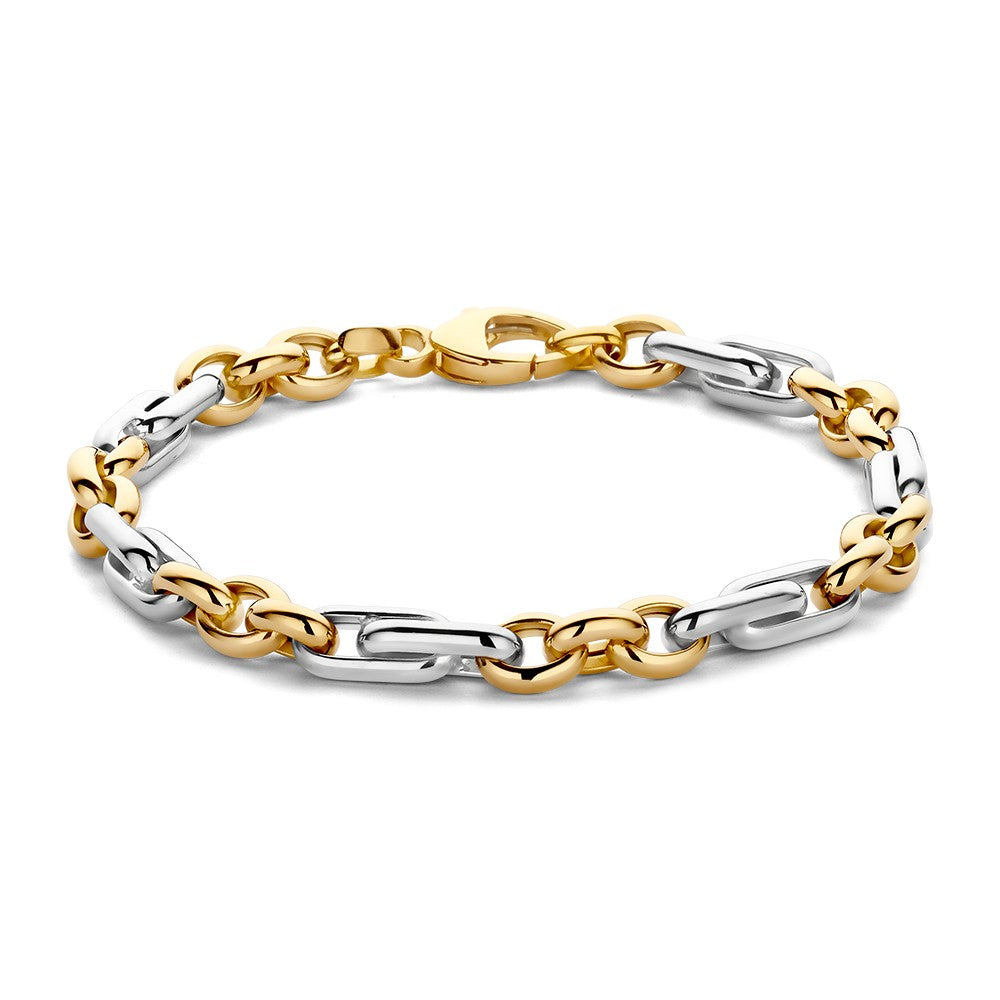 Bicolor armband van zilver en goud met schakels en een karabijnsluiting.