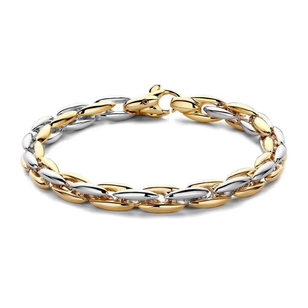 Bicolor armband met schakels in zilver en goudkleurig metaal.