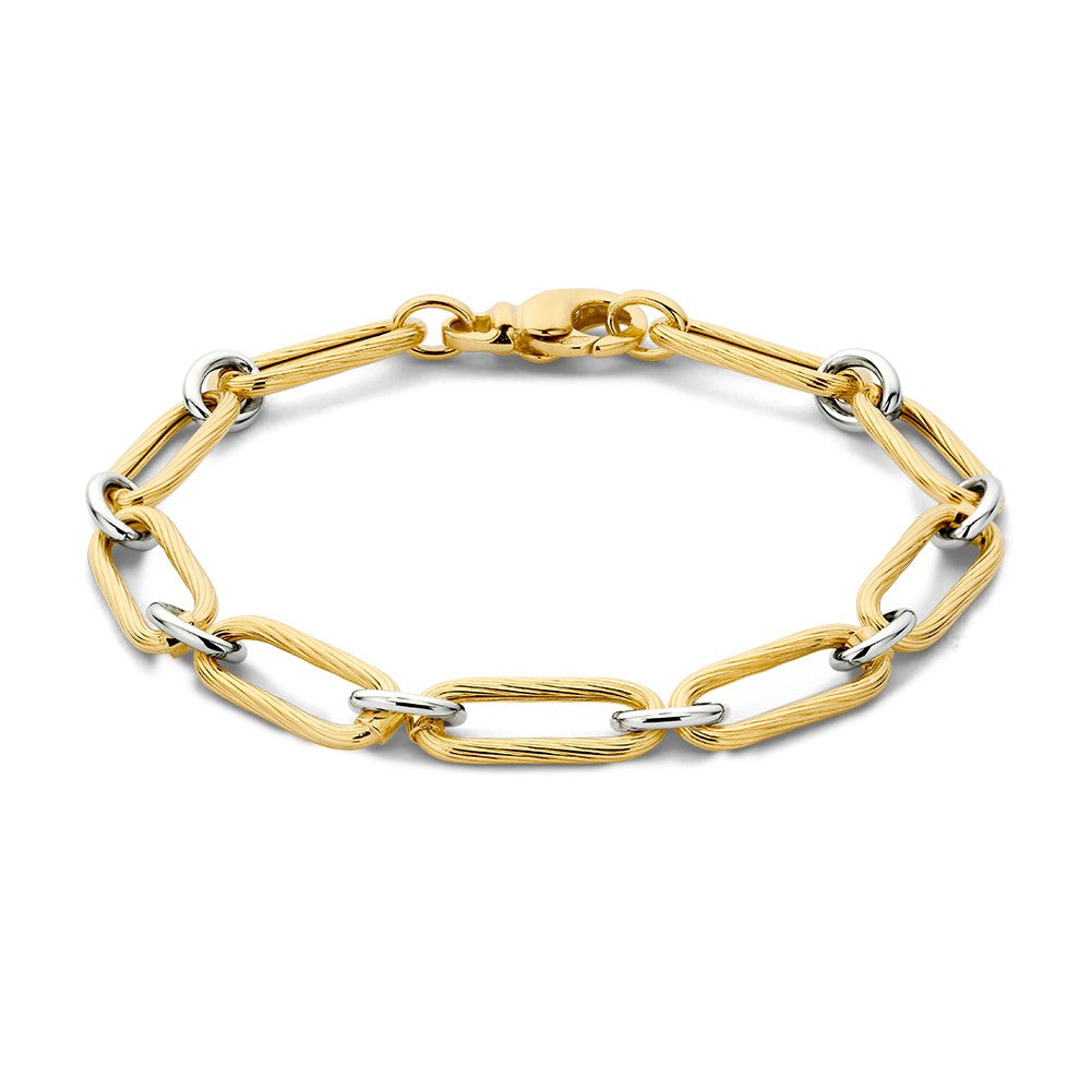 Bicolor armband met een schakelschema van goudkleurige en zilverkleurige schakels.