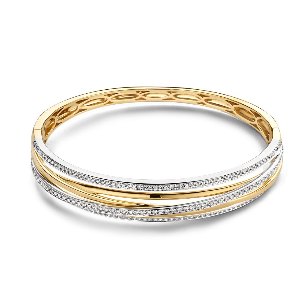 Luxe armband van 14 karaat geel en wit goud met drie rijen, versierd met briljanten van 1.03 karaat.