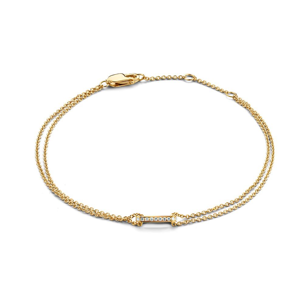 Geelgouden armband met fonkelende diamanten, 14 karaat goud, met een glanzende, rechte schakel en een diamantaccent.