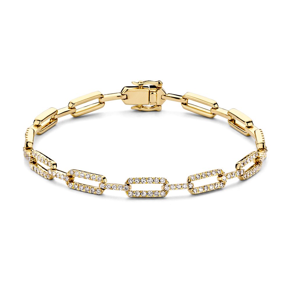 Geelgouden armband met schakels en diamanten, 14 karaat goud, 1.00 karaat diamant.