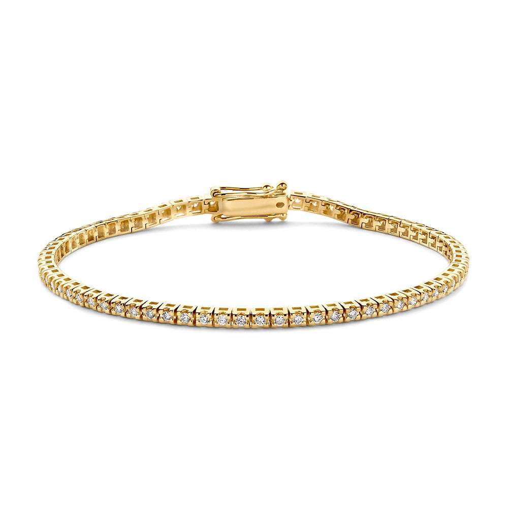 Geelgouden tennisarmband met diamanten, 14 karaat goud, bezet met kleine heldere diamanten in een rechte lijn.