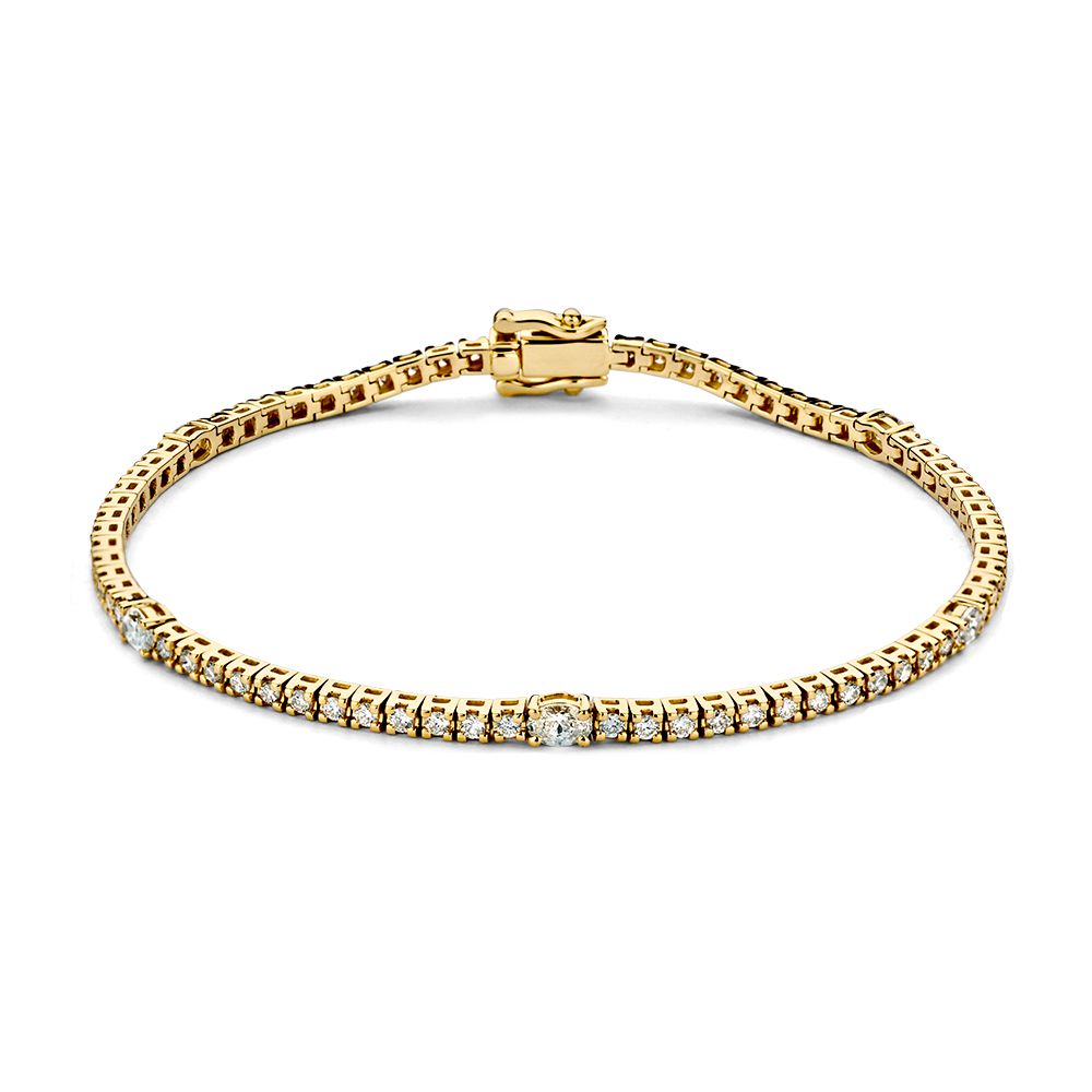 Geelgouden tennisarmband met peergeslepen en briljante diamanten, 14 karaat goud, met een glanzende afwerking.