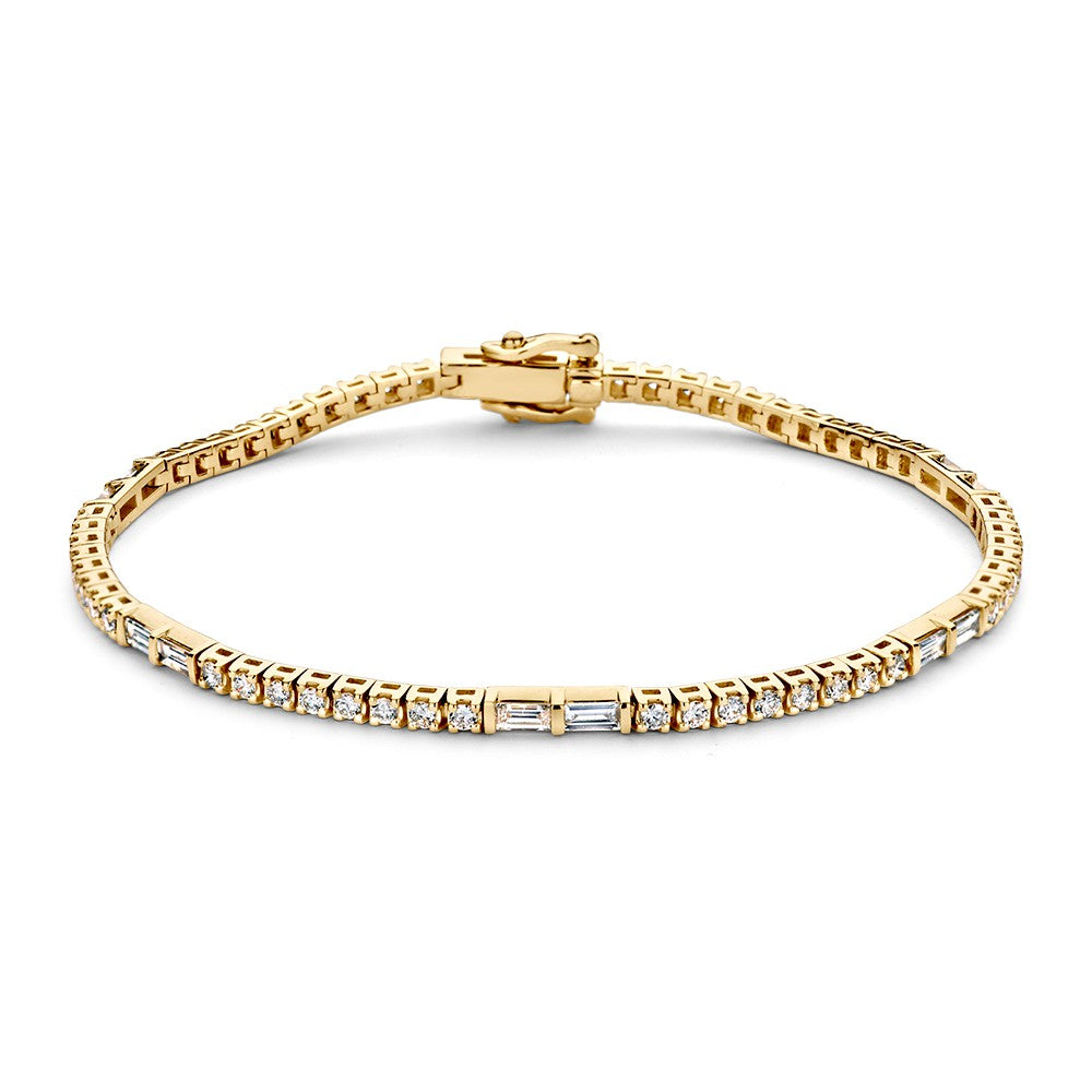 Geelgouden tennisarmband met baguette en briljante diamanten, 14 karaat goud, met een glanzende afwerking.