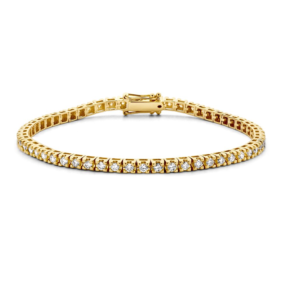 De Geelgouden Tennisarmband met Briljanten in Chatonzetting (14 karaat, 2.00 karaat diamant) van Excellent Jewelry is een luxe damesarmband met sprankelende diamanten, veilige sluiting en een elegante uitstraling op witte achtergrond.
