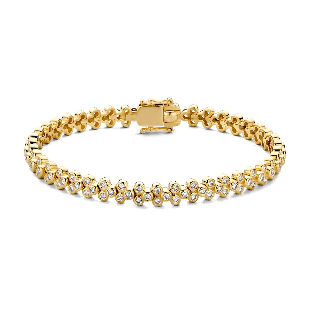 Geelgouden armband met een rij van sprankelende diamanten, 14 karaat goud, luxe ontwerp.