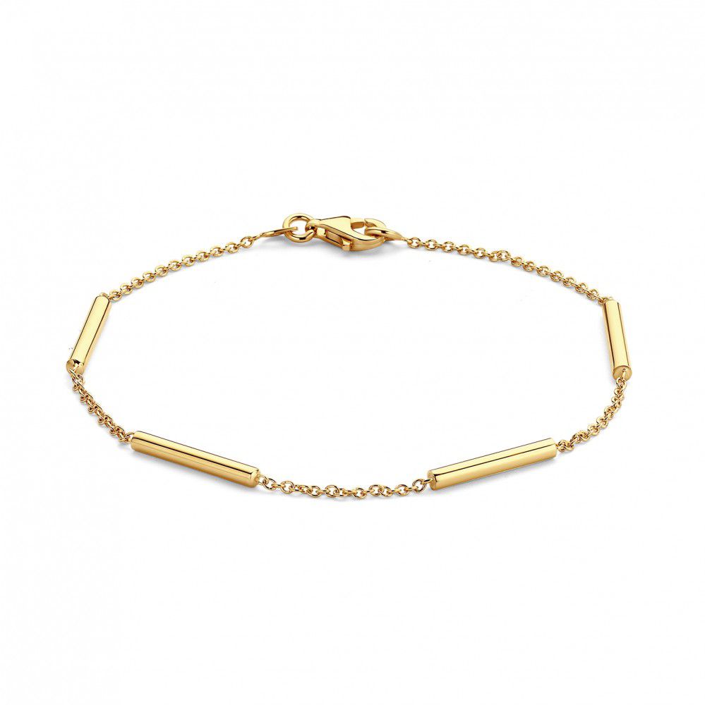 Geelgouden armband van 14 karaat met verfijnde schakel en cilindrische elementen, lengte 19 cm.