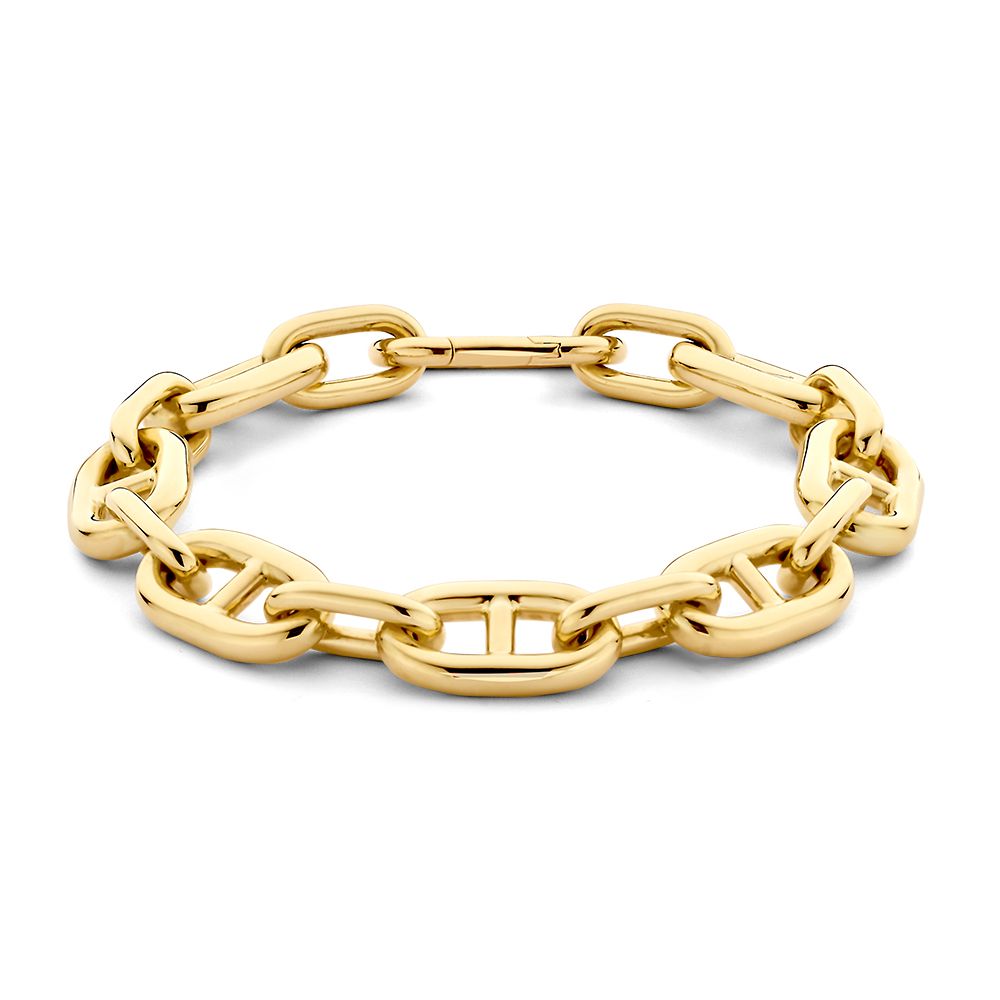 Geelgouden armband met grote schakels, 14 karaat, glanzende afwerking en een lengte van 20 cm.