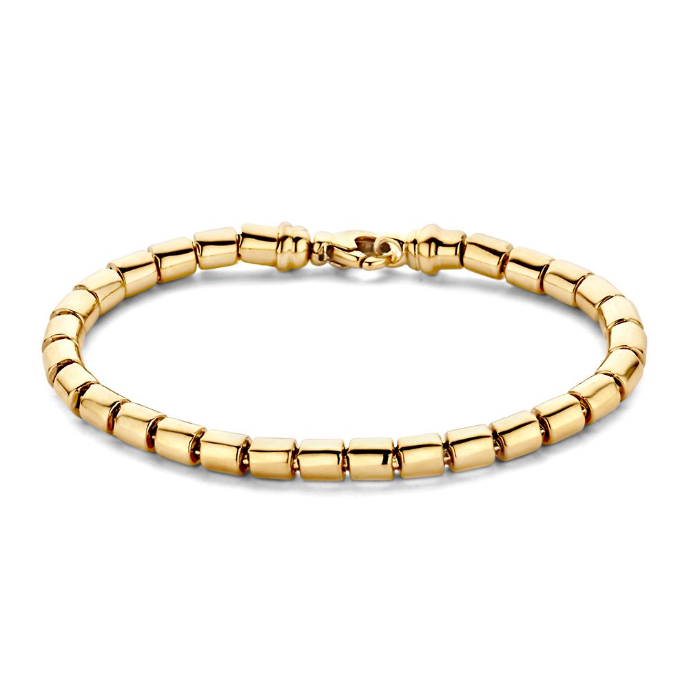 Geelgouden schakelarmband met luxe karabijnsluiting, 14 karaat, met een gladde, glanzende afwerking.